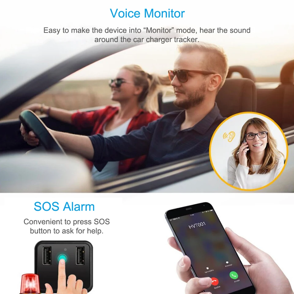 Imagem -04 - Mini Veículo Gps Tracker & Carregador de Carro com Sos Escondido Botão de Chamada de Emergência Ouvir-em Acc & Porta Carregador Usb Aplicativo Gratuito 2-em1