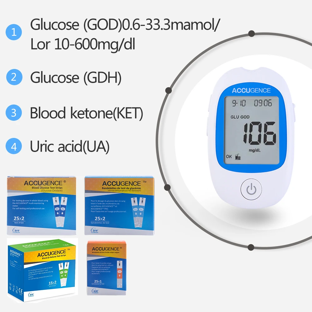 Fast 4 in1 Home Medical Multifunction Blood Glucose Meter GOD&GDH and Blood Ketone Glucometer&Uric Acid Diabetes gout Tester kit