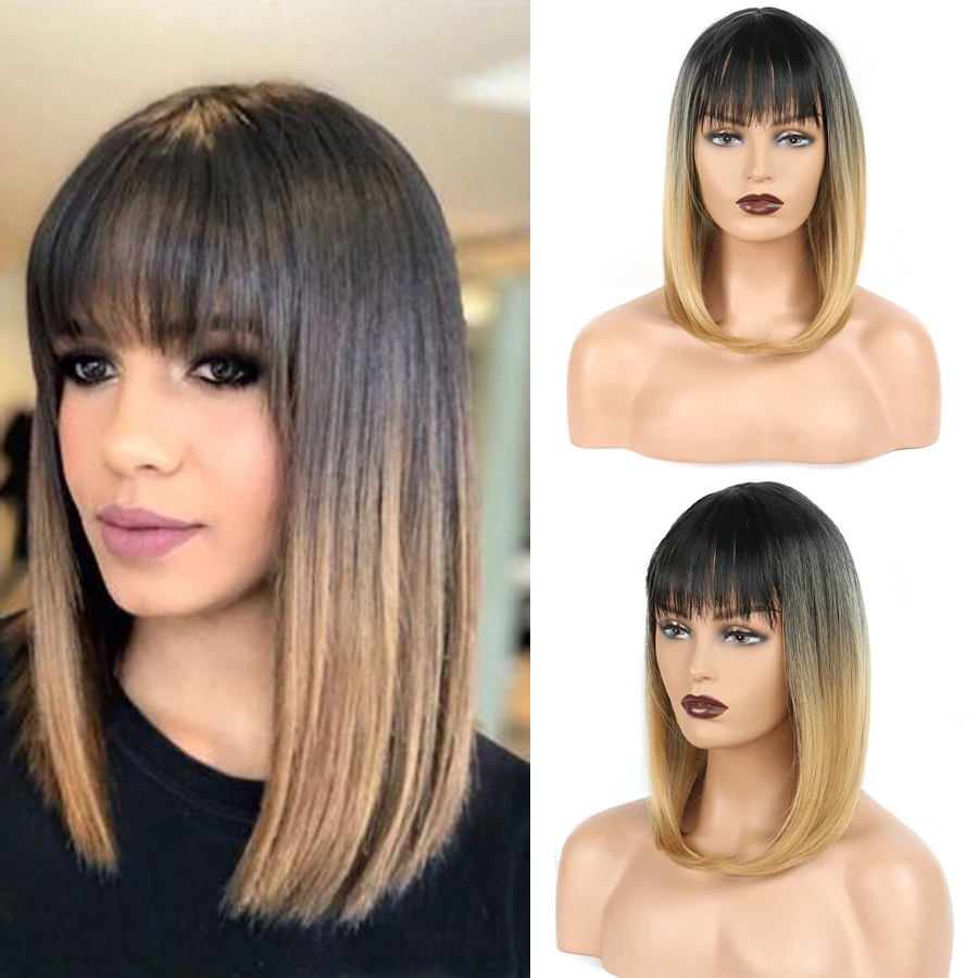 

16inch Ombre Blonde Synthetic Wigs With Neat Bangs For Women Heat Resistant Bangs Wig Blond Silky Straight Medium Long Wig