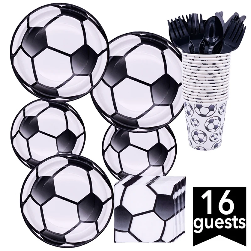 Black white football Party Decoration Paper Plate Cup Disposable Tableware Soccer Flag Boy Birthday Party Decor Supplies