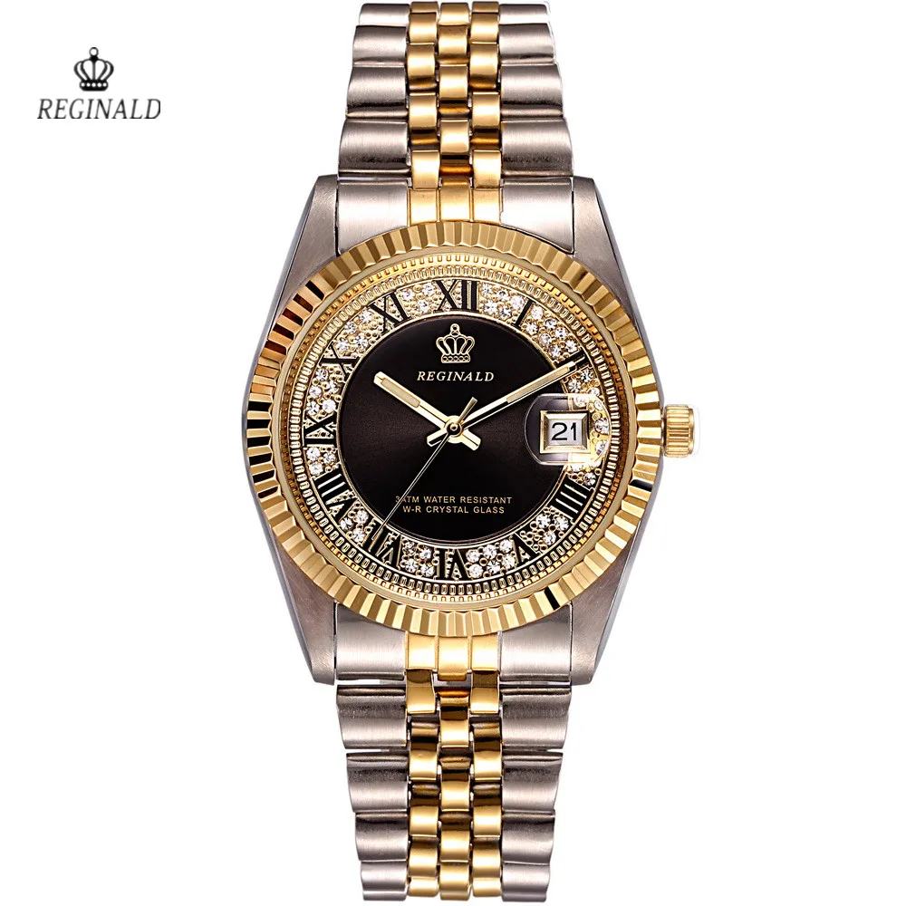 REGINALD Golden Lady Watch Date Crystal Styles Women\'s Dress Clock Water Proof