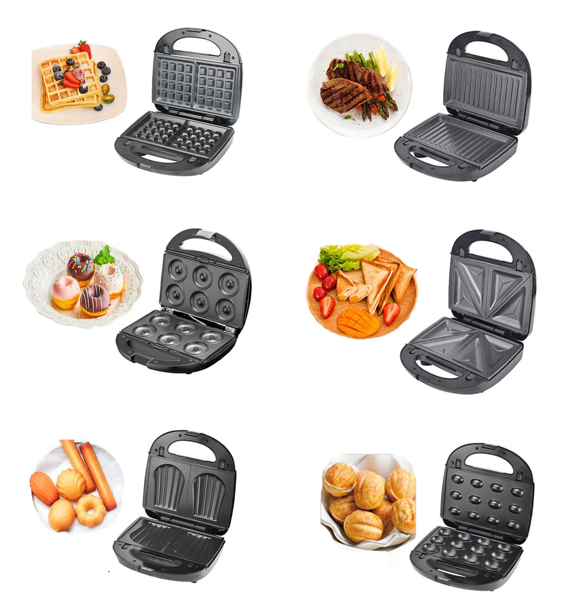 Electric Waffle Maker  6  in 1 bread breakfast Machine Panini Toaster Sandwich Maker Doughnut Baking Pan Cake Oven