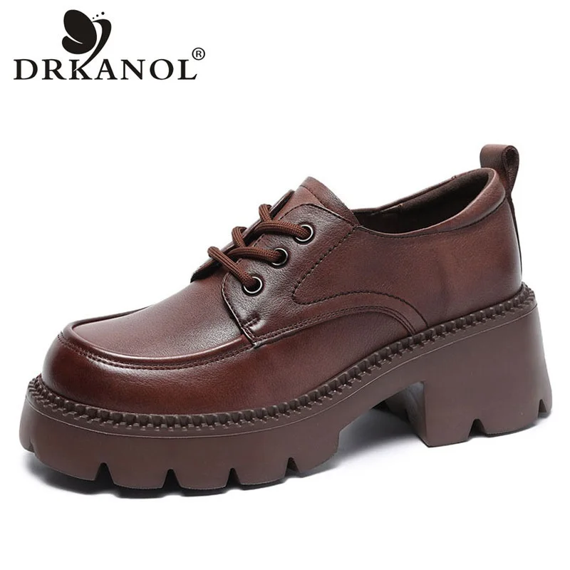 DRKANOL 2026 Spring Handmade Thick-soled Women Shoes Retro Genuine Leather Thick High Heel Chunky Platform Casual Shoes Female