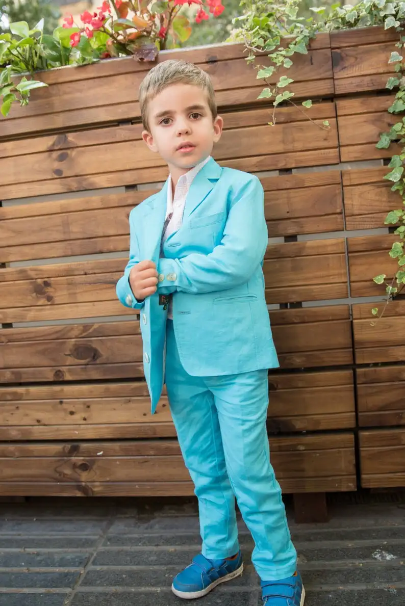 Blue Linen 2020 Handsome Boys Formal Wear Jacket Pants 2 Pieces Set Suits for Wedding Dinner Children Kids Tuxedos