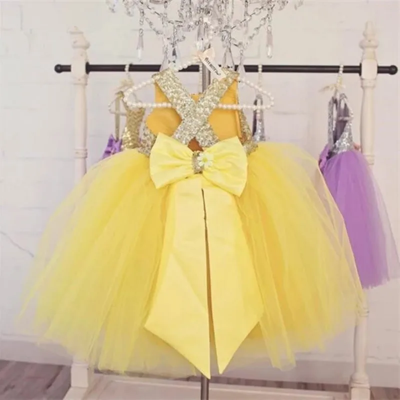 Formal Simple Yellow Puffy Flower Girl Dress Baby Birthday Dress Sequin Top with Big Bow Little Girls Pageant Party Gown Custom