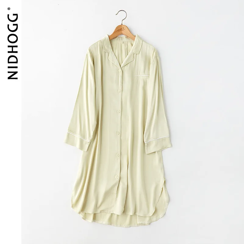 2020 Summer Autumn Nightgowns for Women Long-sleeved Satin Sleepwear Pocket Sleep Dress Solid Viscose Sleep Tops Home Night Wear