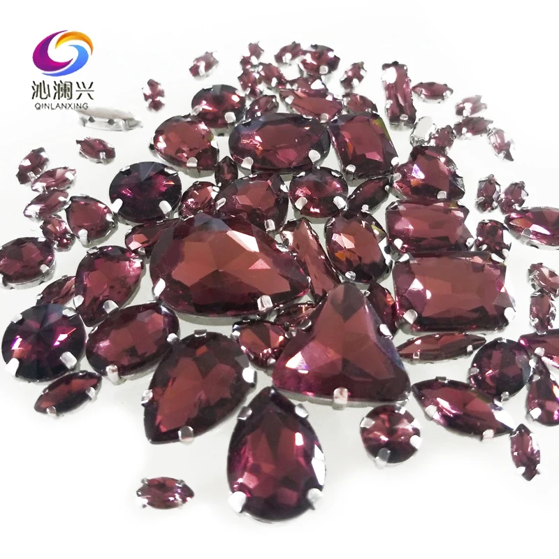 Mix Shape Crystal Glass Rhinestones, Silver Bottom Sewing Stones for Needlework, DIY Clothing accessories, Wine Red Color, 68Pcs