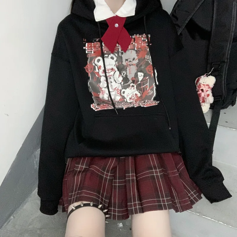 худи Women Loose Black Anime Print Hoodie Long Sleeve Top Punk Vintage Dropshipping Harajuku Japanese Gothic Pullover Sweatshirt