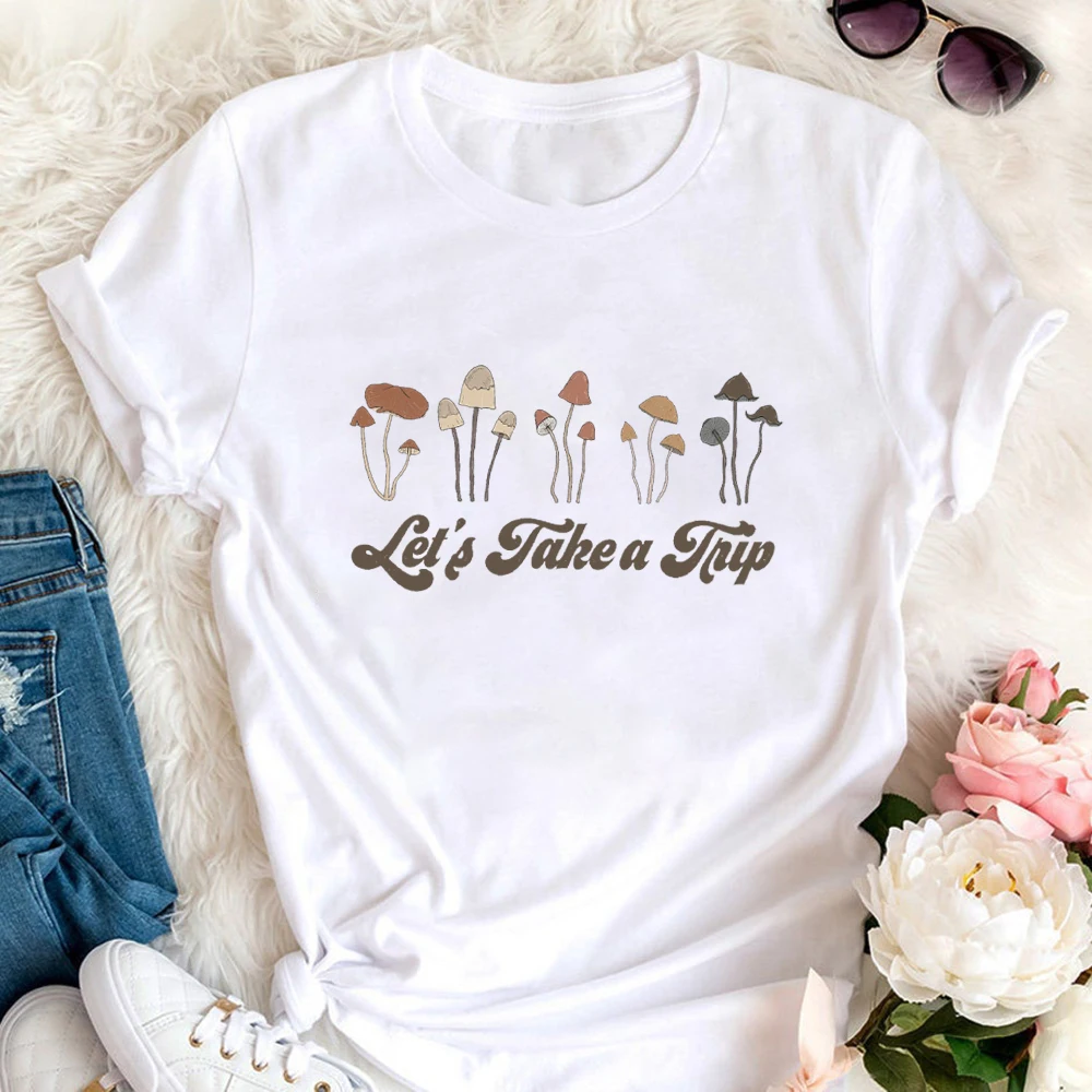 

Let's Take a Trip Mushrooms Print 100%Cotton Women Tshirt Unisex Funny Summer Casual Short Sleeve Top Vacation Shirt Holiday Tee