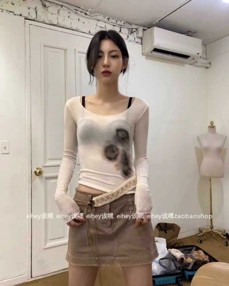 

Sexy Slim Tshirt Women Big Round Neck See Through Top Tee Tie Dye Grunge Gothic Aesthetic T-shirts Chic Clubwear Clothes