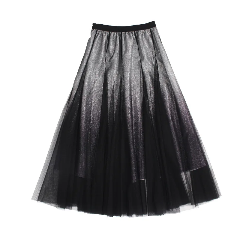 Autumn Winter Mesh Bright Silk Stitching A- Line Big Long Tulle Pleated Sexy Knee Length Black Fairy tango Skirt Skirts Womens