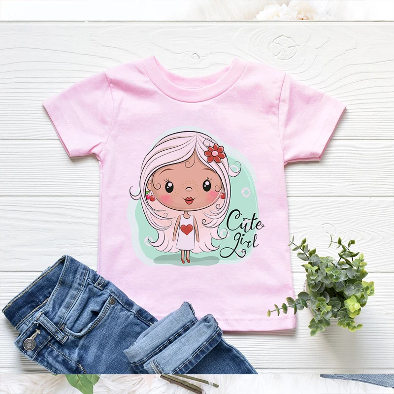 Kawaii Children'S Tshirts Funny Fish And Little Girl Cartoon Print Kids Pink Short-Sleeved Tops Fashion Harajuku Girls T-Shirts