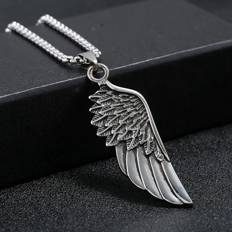 Personality Men\'s Women\'s Jewelry Vintage Cross Angel Wing Pendant Necklace  Long Stainless Steel Necklace Charms