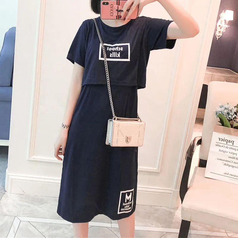 2021 New Arrival Spring and Summer Trendy Solid Short-sleeve Nursing Dress Short-sleeved D reastfeeding Dress Long Skirt