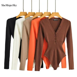 Women Long Sleeve V-neck Buttons Bodysuit Solid Color Elastic Slim Waist Jumpsuits Sexy Tops