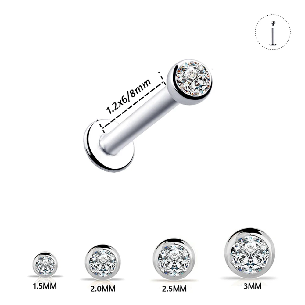 16PCS Wholesale Price Surgical Steel Internally threaded CZ Gem Labret Lip Ring Zircon Ear Tragus Cartilage Earring Piercing 16G