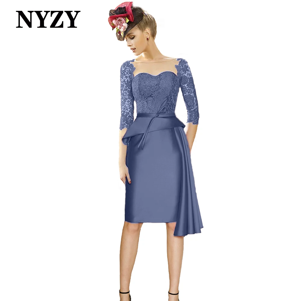 Nyzy M360 Vintage 3/4 Mouwen Korte Moeder Van De Bruid Lace Jurken 2021 Bourgondië Party Dress Cocktail Prom Vestidos De fiesta