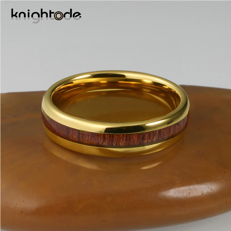 6mm Gold Color Tungsten Carbide Ring Wood Inlay Wedding Band for Men Women Anniversary Rings Dome Polished Comfort Fit