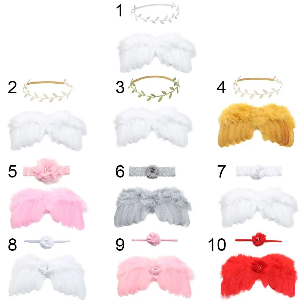 2pcs/set Cute Newborn Angel Feather Wings with Baby Girl Rose Flower Headband Hair Accessories for Infant Photography Props