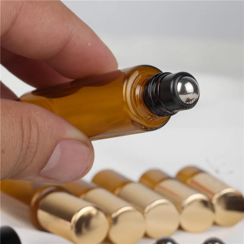 10Pcs 1ml 2ml 3ml 5ml 10ml Amber Thin Glass Roll on Bottle Sample Test Essential Oil Perfume Vials with Black Roller Metal Ball