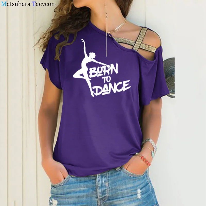 Modny nadruk damski T-shirt, który narodził się do tańca balet letni Harajuku graficzny T-shirt nieregularne skośne krzyżowe wiązanie Tee — zdjęcie 7