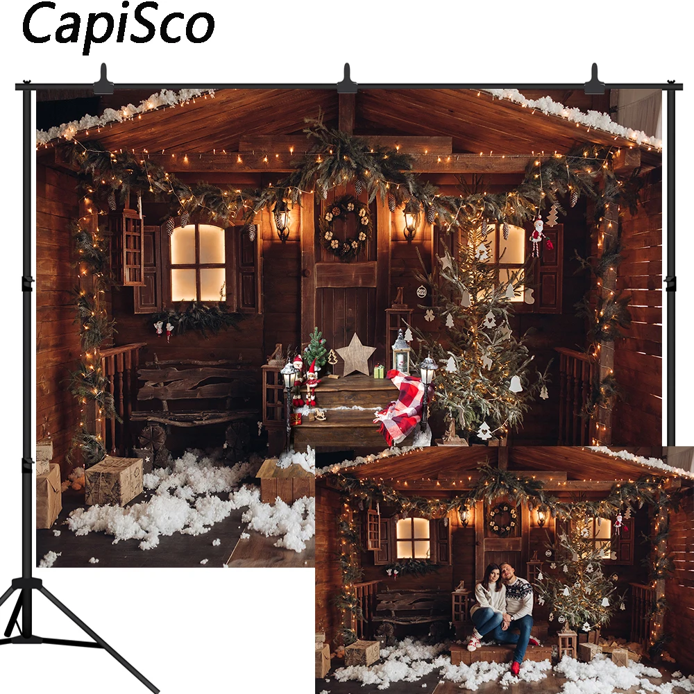 Capisco Christmas Trees Lights Photography Backdrops Winter Snow Wood House Newborn Baby Photo Backgrounds New Year Studio Props