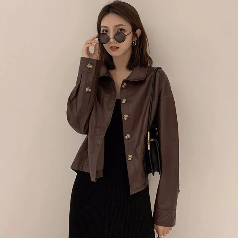 Yzeqi British Style Autumn Women Fashion Faux Leather Jacket Casual Loose Soft Pu Motorcycle Punk Leather Coat Female Outerwe