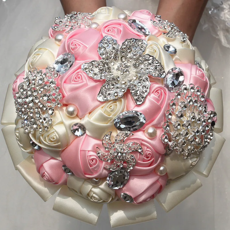 

Pink Cream Satin Ribbon Wedding Bouquets Simulation Flower Rhinestones Wedding Accessories Bridal Quinceanera Bouquets W2295