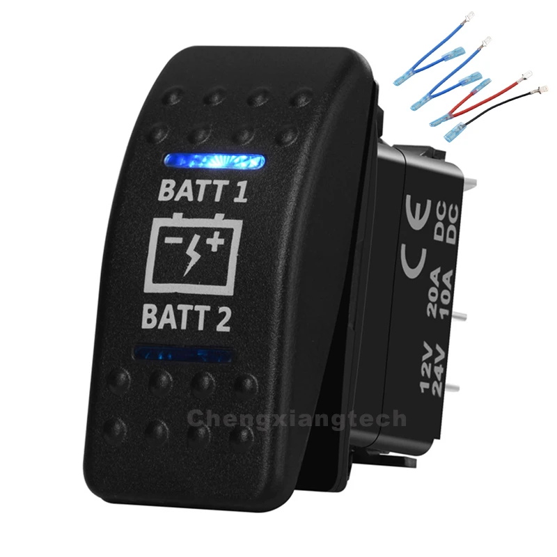 12V/24V Battery Rocker Switch Power Cut Off Blue Led DPDT 3-Way ON OFF ON Momentary Waterproof With Jumper Wires for Car Boat