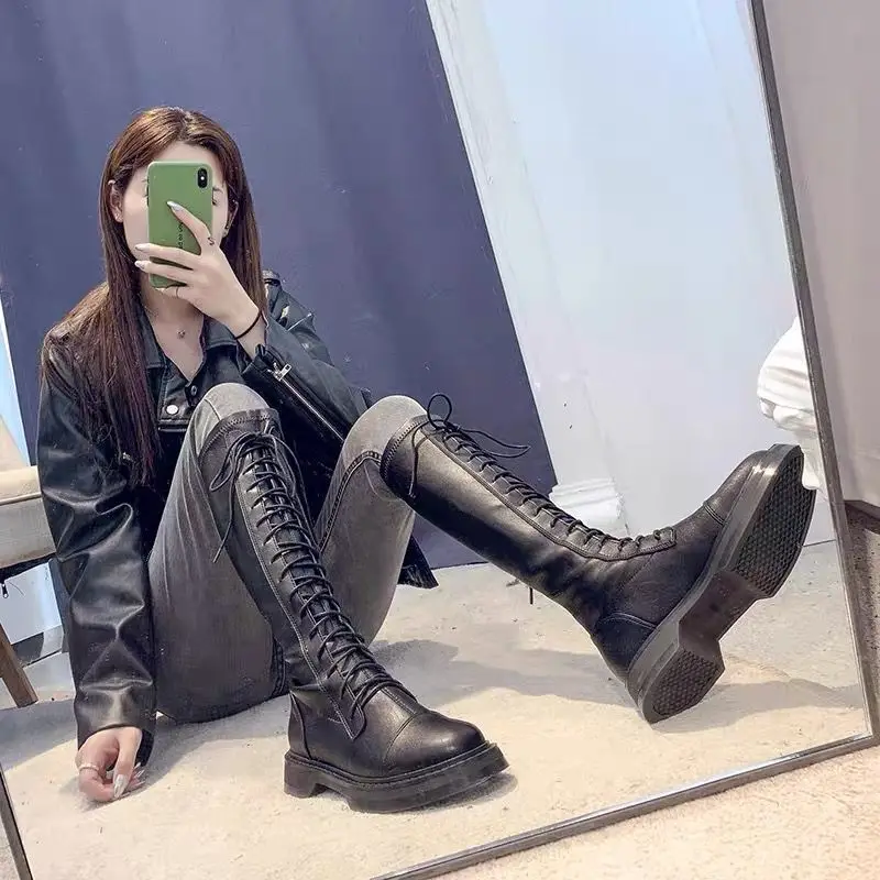 Women's Chunky Knee-high Long Boots Solid Color Round Toe Thick Bottom Casual Riding Boots Fashion Sexy Platform leather boots