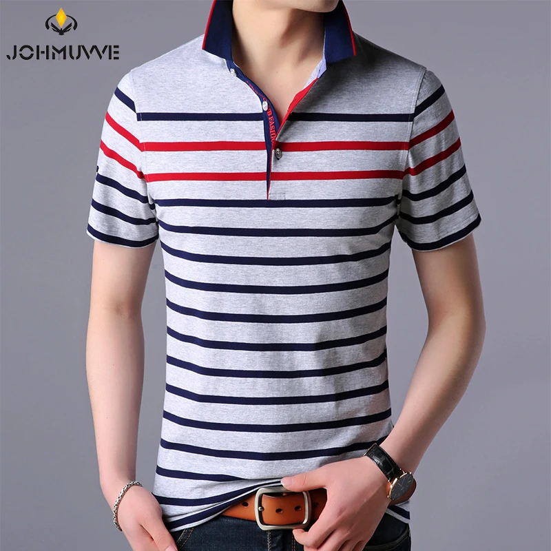 JOHMUVVE  New Men Lapel Short Sleeves Fashion Trend All-match Casual Business Work Pinstripe Multicolor Polo Men Summer