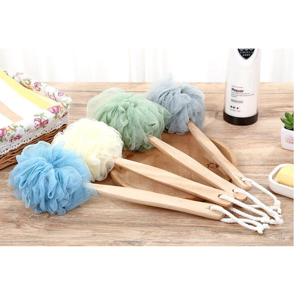 Long Handle Mesh Pouf Bath Sponge, Shower Body & Back Scrubber on a Stick with a Wood Handle for Men & Women, Easy to Reach