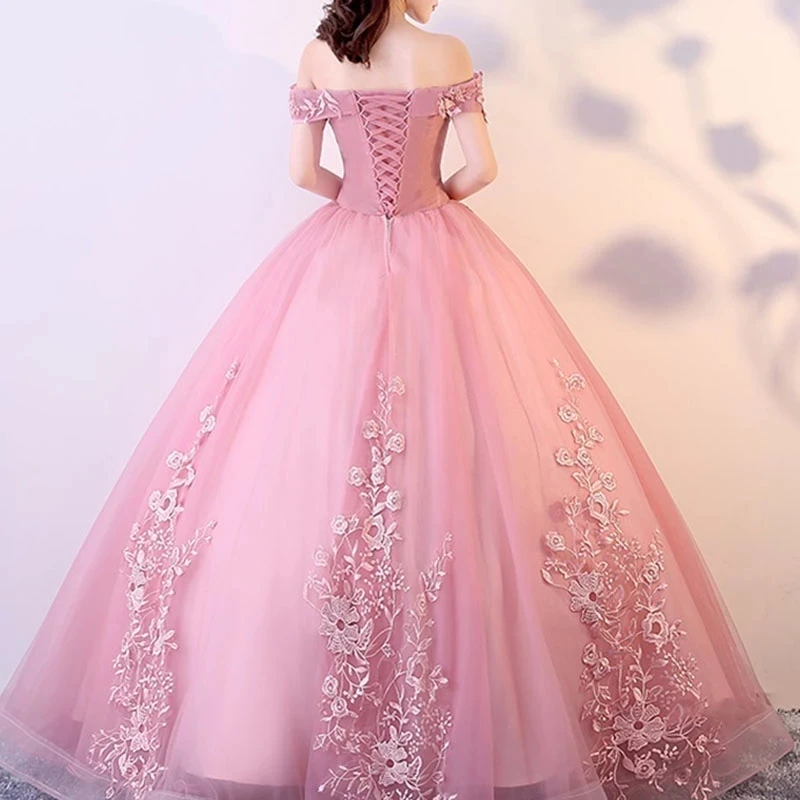 Vestido de baile con bordado para mujer, vestido de boda con flores rosas, Quinceañera de 15 pulgadas, con cuello de barco, para baile de graduación