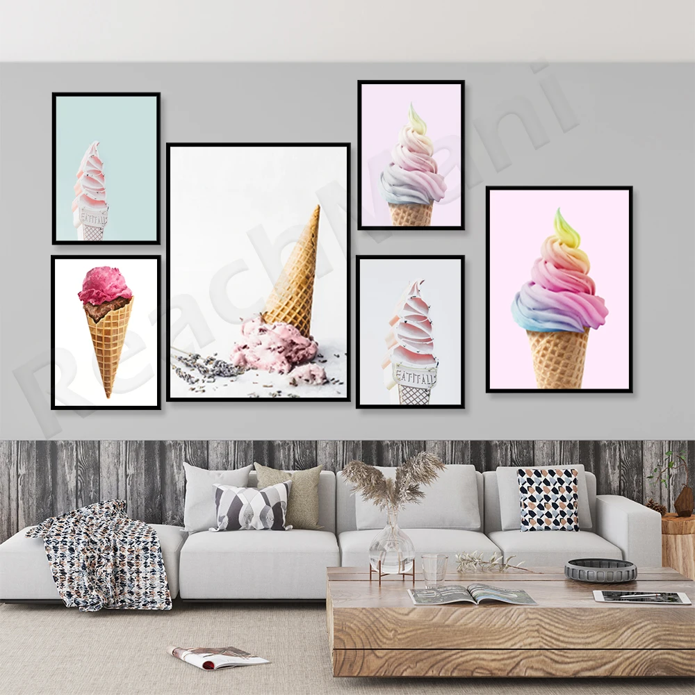 

Rainbow ice cream print, ice cream cone soft wall print retro logo poster summer decoration poster