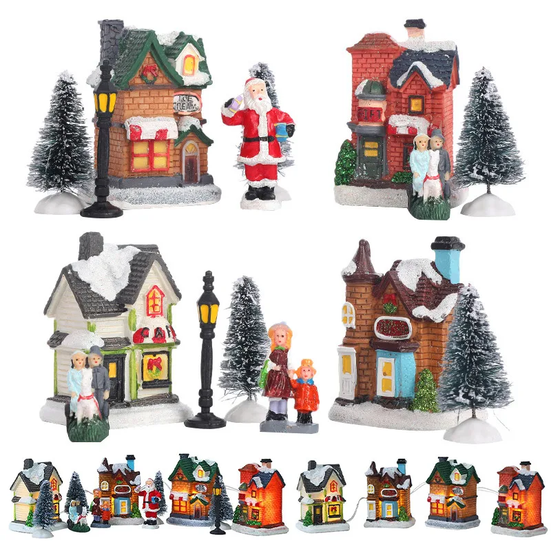 LED Resin Christmas Village Ornaments Set Figurines Decoration Santa Claus Pine Needles Snow View House Holiday Gift Home Decor