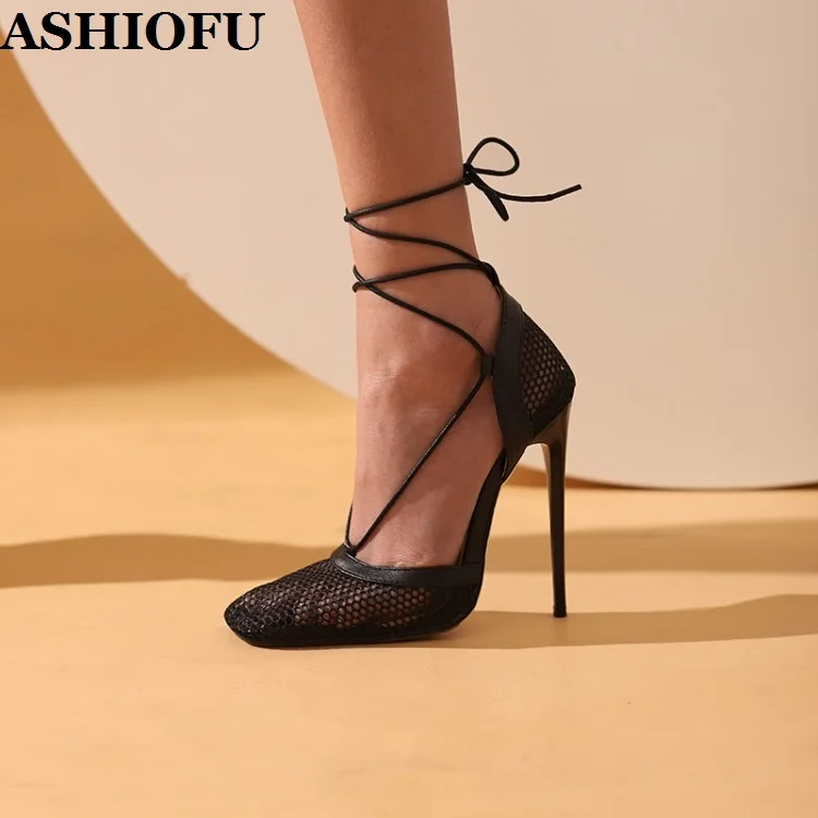 ASHIOFU Handmade Ladies 12.5cm Super Heeled Sandals Air-mesh Ankle Wrap Party Shoes Real-photos Evening Dance Fashion Sandals