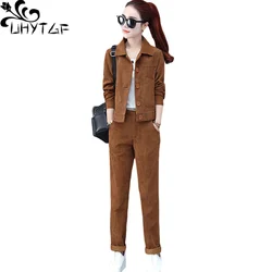 UHYTGF Corduroy Autumn Two-Piece Set Women Single-Breasted Short Top+Pants Female Suit Casual Loose 3XL Big Size Tracksuit 1999