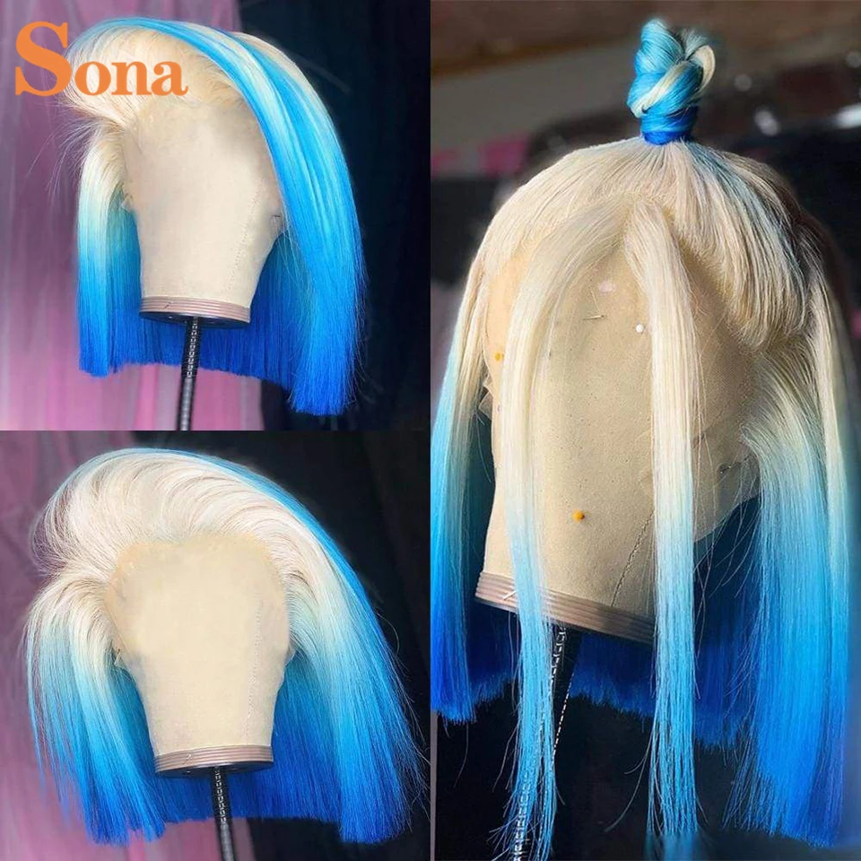 Blonde Colored Blue Short Bob 613# Purple Pink Orange Yellow 13x6 13x4 Transparent Lace Frontal Human Hair Wigs For Women