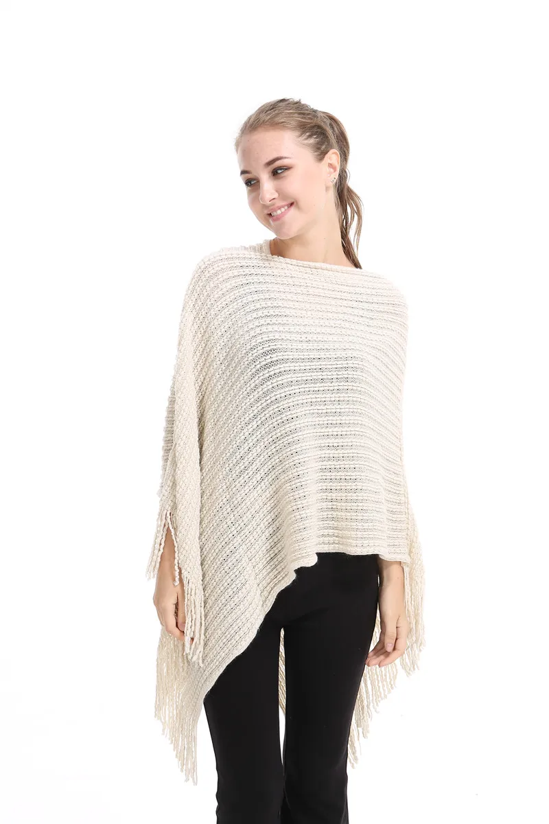 Casual Knitted Women Poncho Plus Solid Scarf Striped Sweater Winter Tassel thin spring Sweaters Batwing Sleeve Poncho And Cape