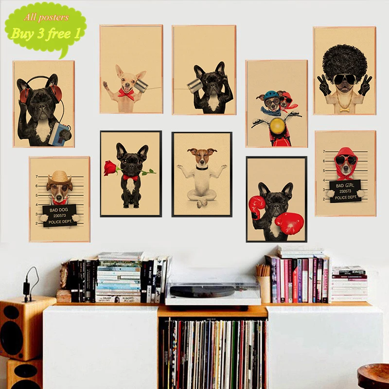 Nordic Style Boxing Dog Art Print Painting Kraft Poster Funny Cartoon Animal Wall Pictures For Kids Room Decoration