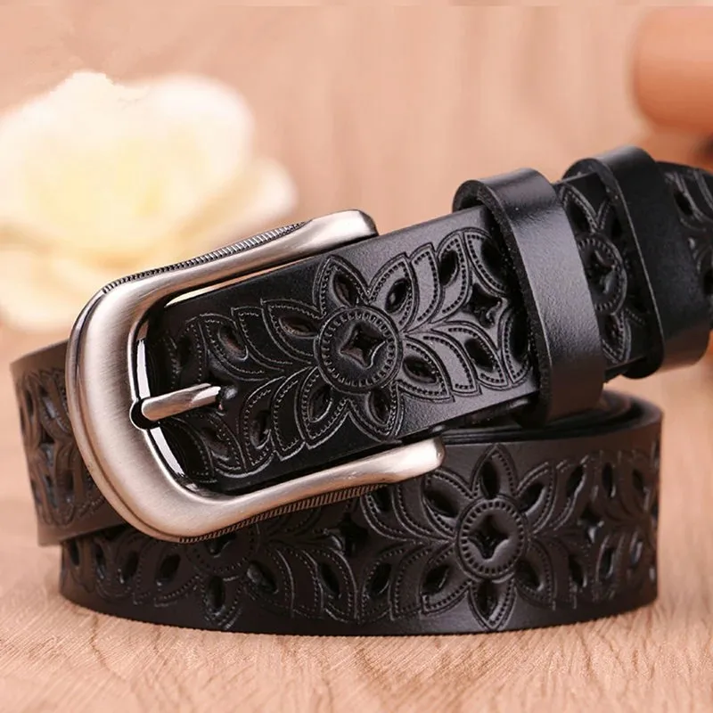 Vintage Hollow Pattern Fashion Ladies Belt Artificial Leather Cowhide Waistband With Pin Buckle Shoulder Strap Jeans Accessories