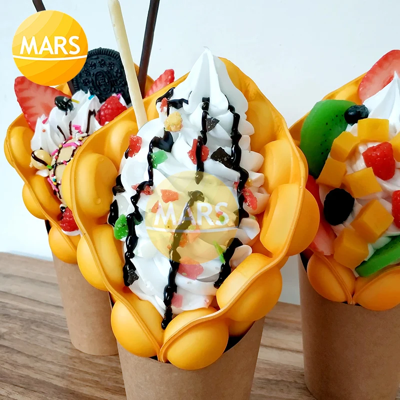 Simulación de Eggettes Puff Egg Bubble Waffle, modelo de muestra de postre, accesorios de exhibición, comida falsa, helado, huevo de fresa, modelo de Waffle