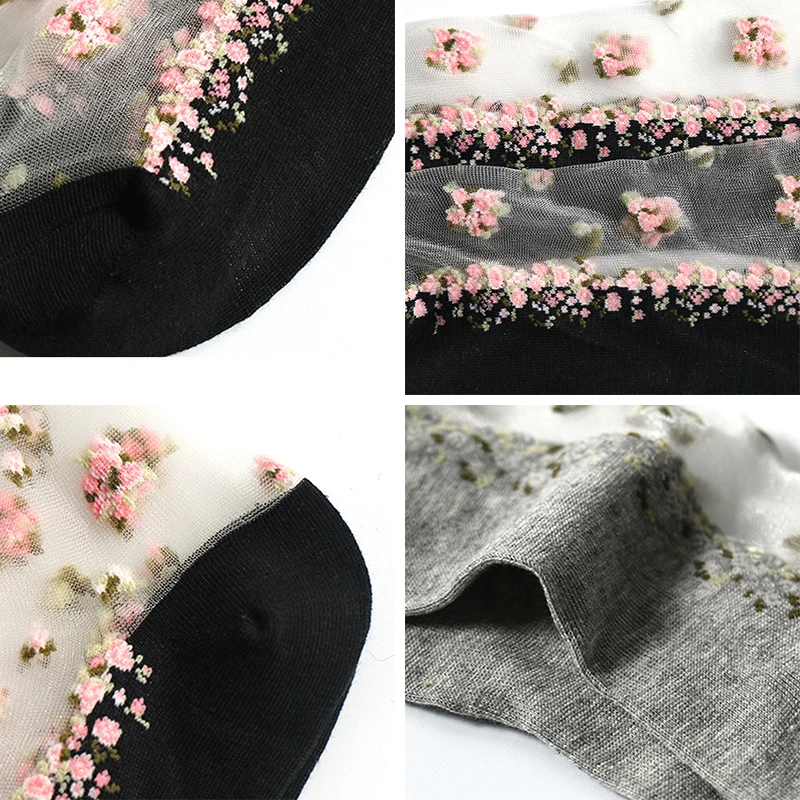 1 Pair Breathable Ultra Thin Socks Summer Women Transparent Lace Silk Crystal Rose Flower Girls Female Elastic Short Socks