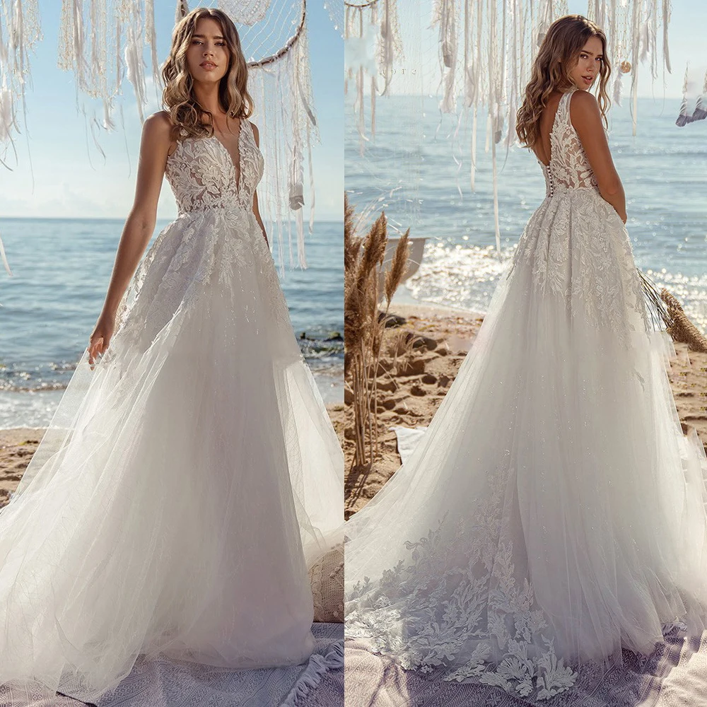 Abito da sposa di lusso con applicazioni Bling su misura 2021 Plus Size pizzo aperto indietro perline Glitter Tulle scollo a V abiti da sposa da spiaggia