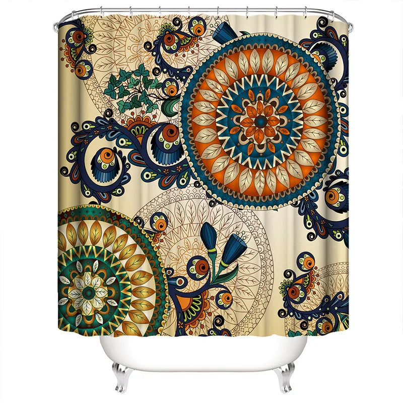 Morocco Ethnic Decor Shower Curtain Boho Pattern With Floral And Peacocks Feathers Fabric Bathroom Hanging Curtain With Hooks