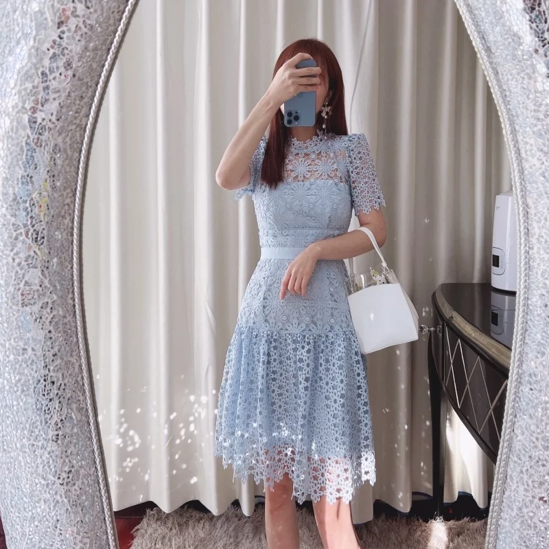 

Flower Embroidered Lace Prom Dress Party Night Women Dress Summer 2022 Brand Design Splicing Fashion Hollow Out Dress Evening