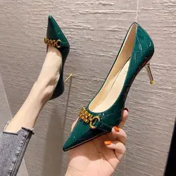 Cresfimix Zapatos De Mujer Women Sexy Party Green Pu Leather Slip on High Heel Shoes Classic Black Office Stiletto Heels A6153c