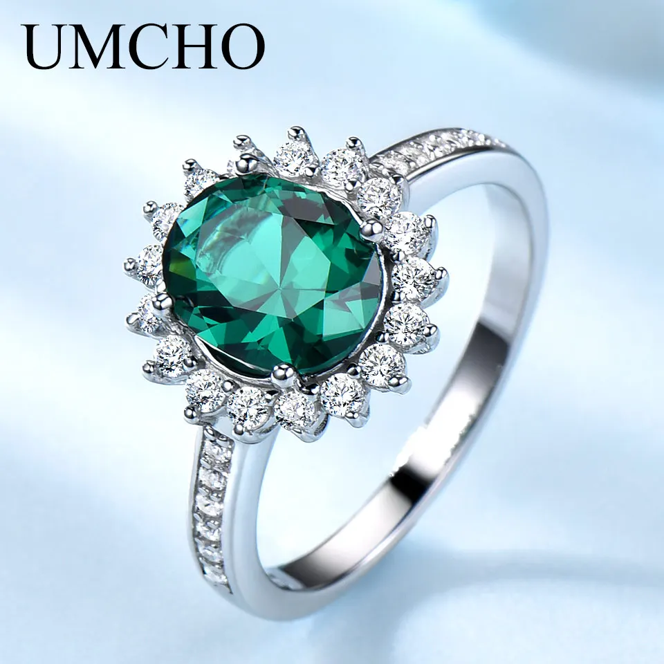 

UMCHO Green Created Nano Emerald Real 925 Sterling Silver Vintage Birthstone Ring For Women Silver Engagement Brand Fine Jewelry