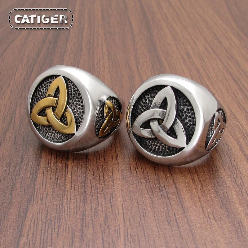 Viking Stainless Steel Celtics Knot Ring Golden Plated Nordic Trinity Wedding Rings Men\'s Band Promise Jewelry