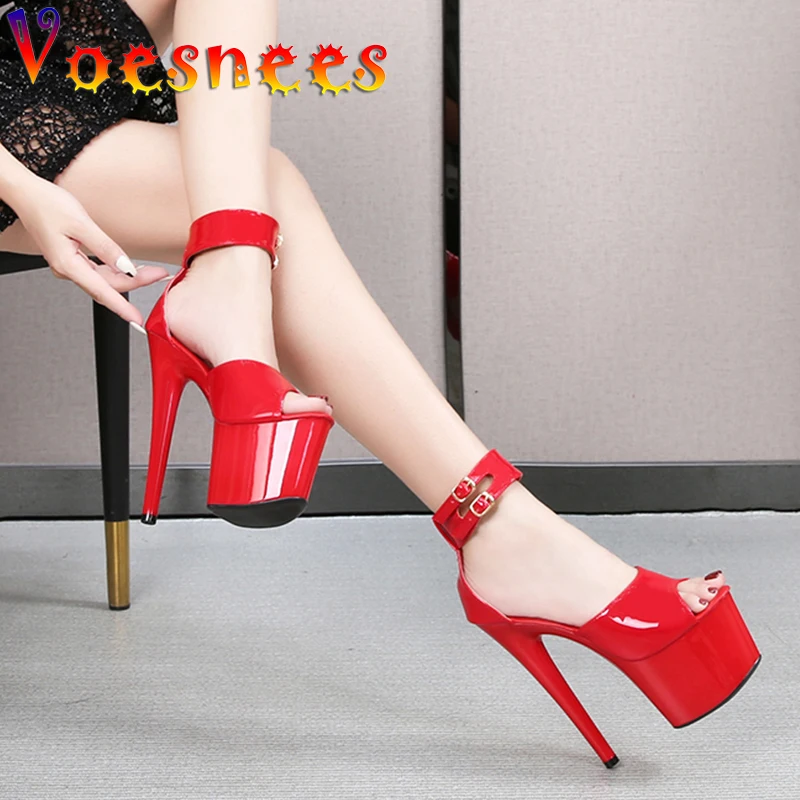 Voesnees Brand New Women Shoes 2021 Summer Stiletto Sandals Patent Leather Thin Heels T-tied Pole Dance Shoes Sexy High-heels